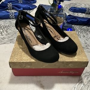 IB American Rag Miley Ankle Strap Wedge Heel Black mary Jane suede shoes 8